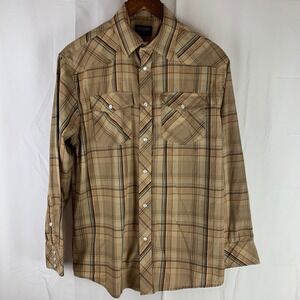 Gioberti Western Pearl Snap Shirt Mens Small Tan Plaid Long Sleeve Cowboy
